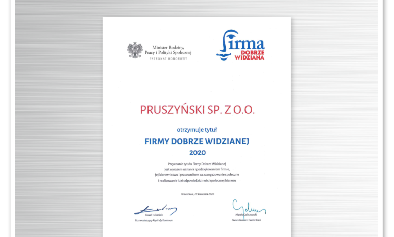 Blachy Pruszyński z tytułem "Firmy dobrze widzianej 2020"